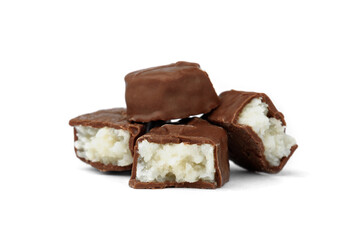 Chocolate bar with coconut filling isolated on white background.