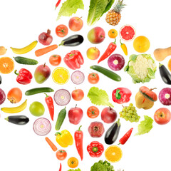Seamless pattern from fresh bright vegetables and fruits isolated on white