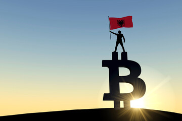 Person waving a albania flag standing on top of a bitcoin cryptocurrency symbol. 3D Rendering