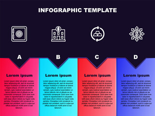 Set line Safe, Bank building, Gold bars and Dollar, share, network. Business infographic template. Vector