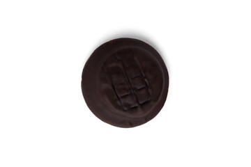 Biscuit cookie in chocolate glazing with orange jam isolated on white background.
