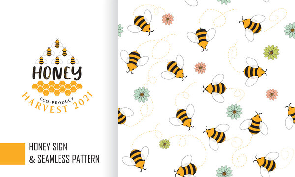 Seamless pattern and the emblem of bees and flowers. Simple cartoon image for packaging, paper, fabric.