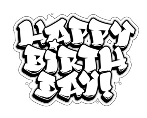 Happy Birthday Graffiti congratulation card. Black line isolated on white background.