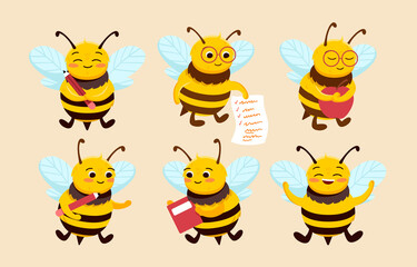 Collection of bees in lesson. Pictures for children about importance of education. Graphic elements for website. Child gets different knowledge. Flat vector illustrations isolated on yellow background