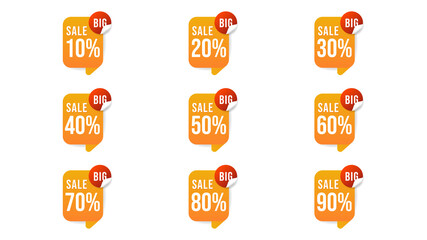 Sale and Free labels. Price off tag icon set . 10, 20, 30, 40, 50, 60, 70, 80, 90 percent with sale and up to , isolated on white background , Flat Modern design , illustration Vector EPS 10