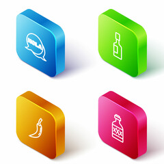 Set Isometric line Hola, Tabasco sauce, Hot chili pepper pod and Tequila bottle icon. Vector © vector_v