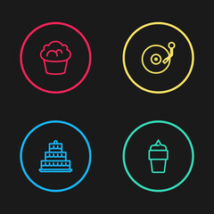 Set line Cake with burning candles, Ice cream waffle cone, Vinyl player disk and Muffin icon. Vector