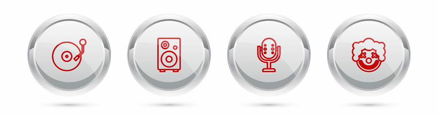 Set line Vinyl player with disk, Stereo speaker, Microphone and Clown head. Silver circle button. Vector