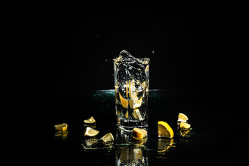 A slice of lemon falls into a glass, black background. Flying water drops