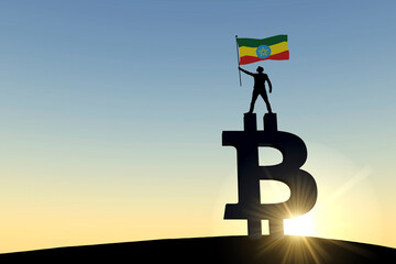 Person waving a ethiopia flag standing on top of a bitcoin cryptocurrency symbol. 3D Rendering