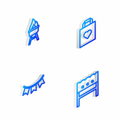 Set Isometric line Shopping bag with heart, Barbecue grill, Carnival garland flags and BBQ brazier icon. Vector