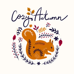 Autumn vector illustration with squirrel and autumn leaves
