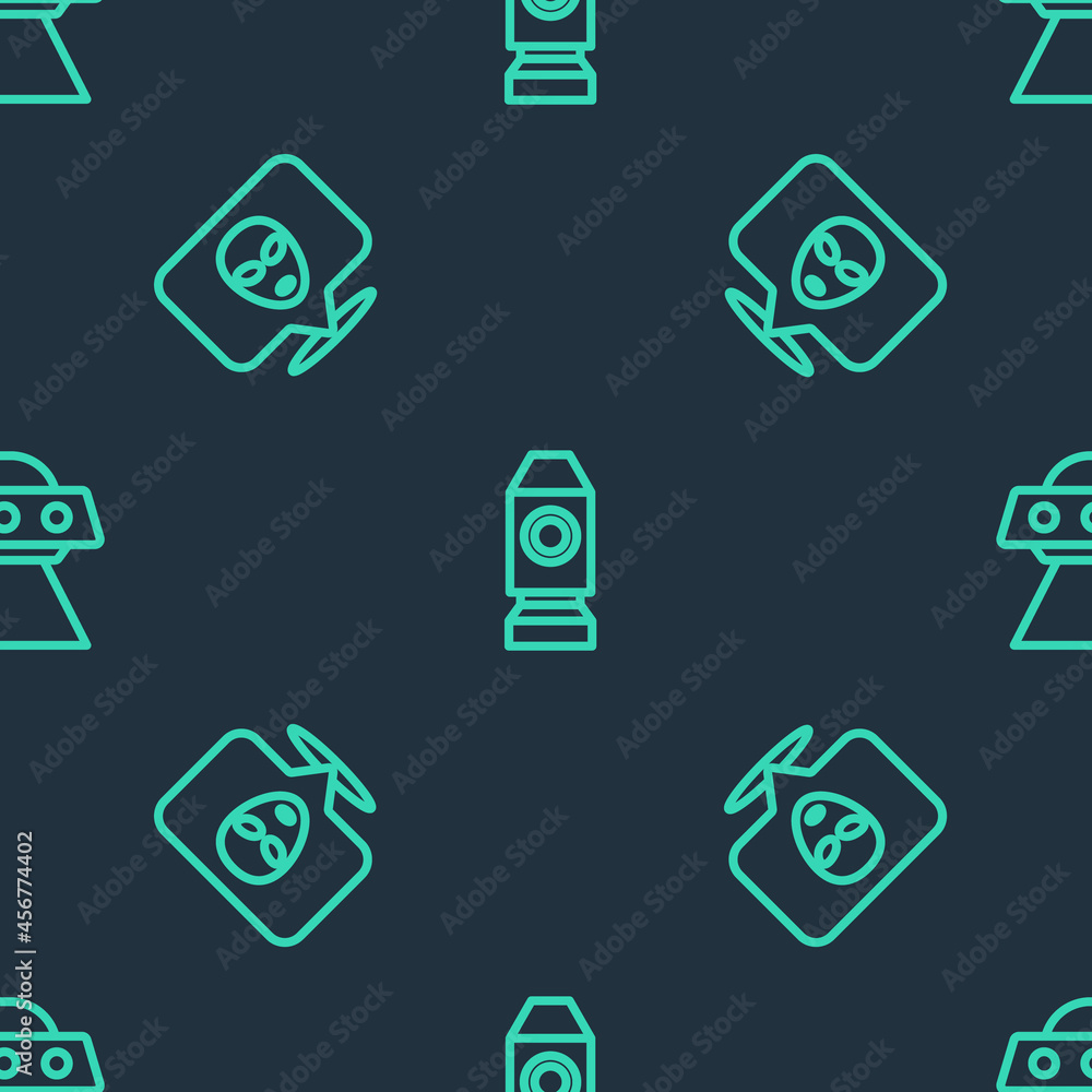 Poster set line rocket ship, alien and ufo flying spaceship on seamless pattern. vector