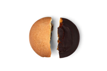 Biscuit cookie in chocolate glazing with orange jam isolated on white background.