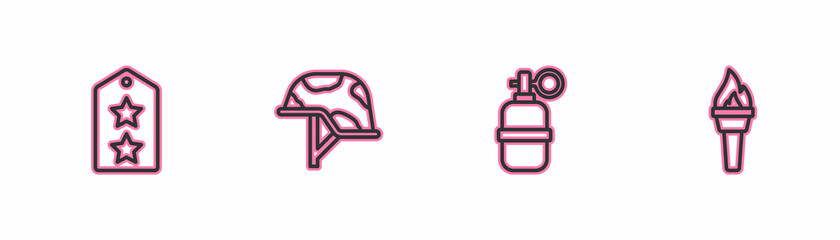 Set line Military rank, Hand grenade, helmet and Torch flame icon. Vector