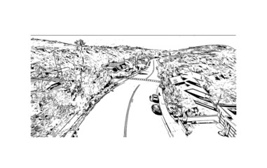 Building view with landmark of Laguna Beach is the 
city in California. Hand drawn sketch illustration in vector.