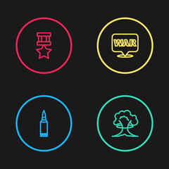 Set line Bullet, Nuclear explosion, The word war and Military reward medal icon. Vector