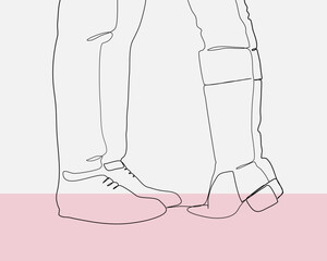 Continuous line, Closeup portrait of a Male and female legs during a date. Drawing of set Kiss. (Vector illustration one line drawing)