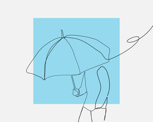 Continuous line, Young man with umbrella. Drawing of set Rain. (Vector illustration one line drawing)