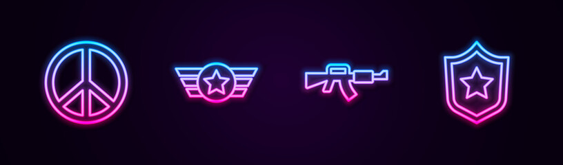 Set line Peace, Star American military, M16A1 rifle and Police badge. Glowing neon icon. Vector
