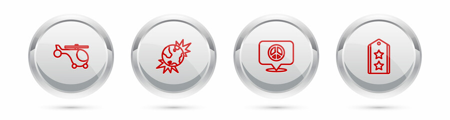 Set line Helicopter, Bomb explosive planet earth, Location peace and Military rank. Silver circle button. Vector