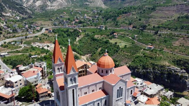 Drone Flight Over Saint Saba Cathedral In Bsharri, Lebanon With Picturesque View Of Kadisha Valley. aerial