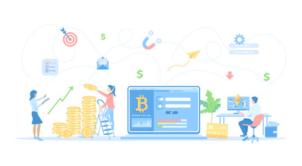 Cryptocurrency Exchange and Blockchain. Bitcoin, Ethereum to dollars exchange platform. Money market, finance trading, analytics, graphs, profit. Vector illustration flat style.