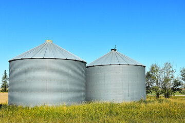 An image of metal grain silos in a agricultural field during harvest season. 