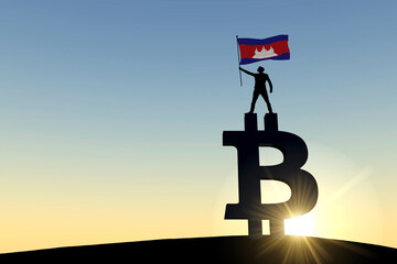 Person waving a cambodia flag standing on top of a bitcoin cryptocurrency symbol. 3D Rendering