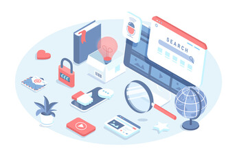 Web search engine. Website content optimization for relevant searches. Search page on the monitor screen, voice searching. Vector illustration in 3d design. Isometric web banner.