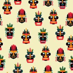 Colorful Seamless Pattern With Tribal Masks. Inka, Maya And Aztec Traditional Symbols. Flat Masks In Bright Colors. Vector Print. - obrazy, fototapety, plakaty