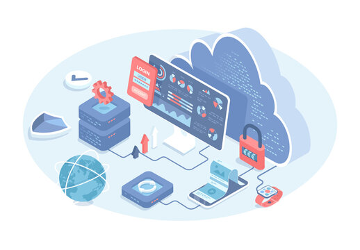 Cloud storage. Online hosting database technology. Cloud computing. Data center, file management, security service. Vector illustration in 3d design. Isometric web banner.