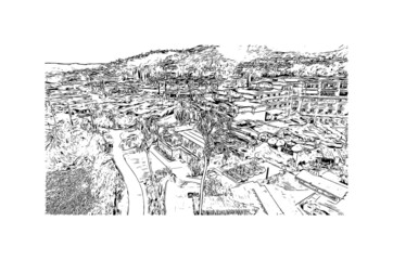 Building view with landmark of Laguna Beach is the 
city in California. Hand drawn sketch illustration in vector.