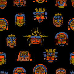 Seamless Pattern With Aztec, Maya Or Inca Traditional Masks. Hand Drawn Doodle Style. Colorful Print. Black Background. Vector Illustration.
 - obrazy, fototapety, plakaty