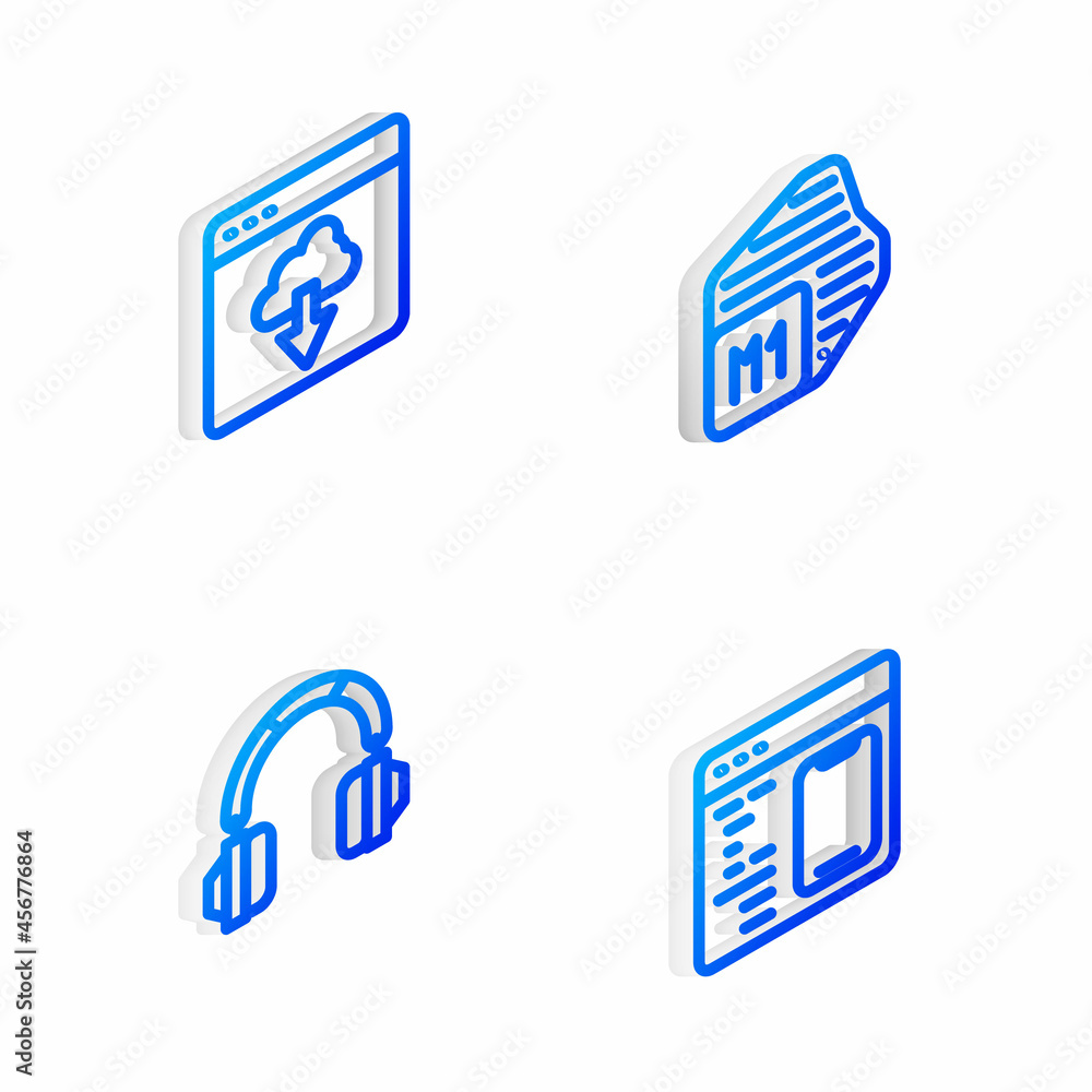 Poster set isometric line processor, cloud technology data transfer, headphones and software icon. vector