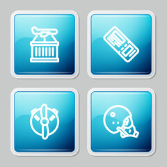 Set line Plane, Airline ticket, propeller and Modern pilot helmet icon. Vector