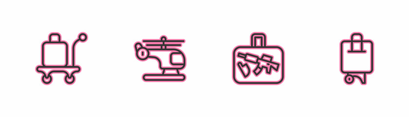Set line Trolley baggage, Suitcase, Helicopter and icon. Vector