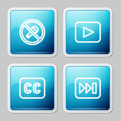 Set line Mute microphone, Play button, Subtitles and Fast forward icon. Vector