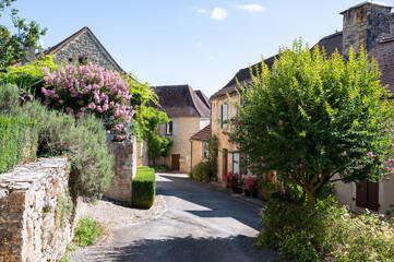 Rue fleurie du village de Les Arques, Lot, Occitanie, Sud ouest, France