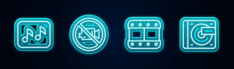 Set line Music note, tone, Prohibition video recording, Play and Vinyl player with vinyl disk. Glowing neon icon. Vector