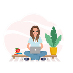 A girl with books and a laptop. A homemade flower in a pot. The concept of coronavirus isolation and work at home, training. Vector isometric image of an online textbook for students to study.