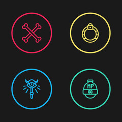 Set line Magic staff, Video game bar, stone ring and Crossed human bones icon. Vector