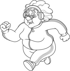 Outlined Fat Grandmother Cartoon Character Jogging. Vector Hand Drawn Illustration Isolated On Transparent Background
