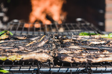 Delicious grilled tender onions mediterranean in a grill (Calçots, Catalonia, Spain)