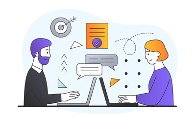 Man and woman in office. Funny stick figures. Business correspondence, laptop and remote work. Customer support staff advise customers. Cartoon flat vector illustration isolated on white background