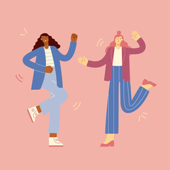 Cheerful female friends are dancing together. Young, modern women are jumping and celebrating together. Concept of victory and success. Vector illustration with characters in full length. 