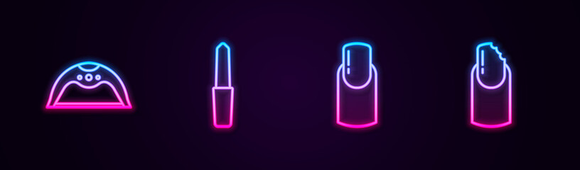 Set line Manicure lamp, Nail file, manicure and Broken nail. Glowing neon icon. Vector