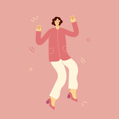 Bouncing, joyful woman. Happy girl is dancing, jumping, celebrating success. Concept of victory and goal achievement. Vector cartoon female character in full length. 