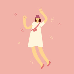Happy young woman jumps up. Modern girl is dancing, jumping, celebrating success. Concept of victory and goal achievement. Vector cartoon female character in full length. 