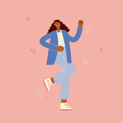 Young stylish African American woman jumping. Happy girl is dancing and celebrating success. Concept of victory and goal achievement. Vector female cartoon character in full length. 